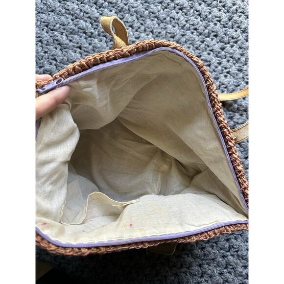 Vintage Woven Wicker Rattan Straw Handbag Tote Purse Bag Leather Straps - Picture 9 of 11